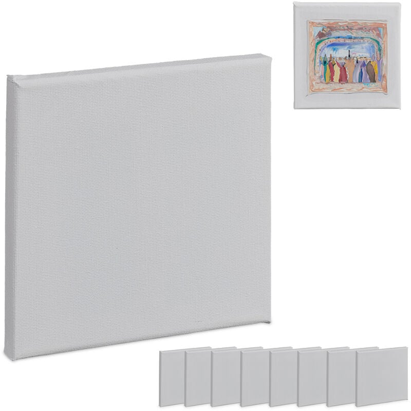 Toiles à peindre carrées, lot de 10, toiles de peinture, 15 x 15 cm, pour acrylique et aquarelle, blanches - Relaxdays