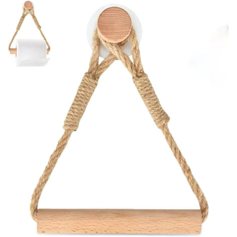Toilet Paper Holder, Adhesive Wall Mounted Toilet Paper Holder Wooden Rope Rustic Towel Ring, Wall Mounted Toilet Paper Holder Rope for Bathroom and Kitchen