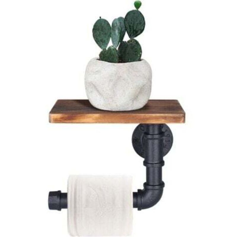 Toilet Paper Holder, Decorative Wall Shelf - Industrial Style - Steel Pipe - with Wooden Shelf for Bathroom Decor