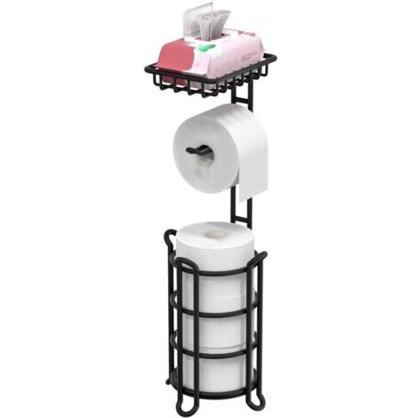 Toilet paper holder, toilet roll dispenser with shelves for bathroom storage, can hold large spare rolls - Matte Black, Chrome C