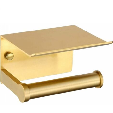 Toilet Paper Holder, Wall-Mounted Toilet Paper Holder with Storage Shelf, Self-Adhesive (Gold)