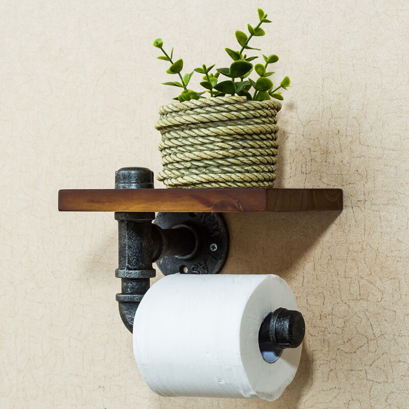 Toilet Roll Holder Decorative Wall Shelf Industrial style tubular steel with wooden shelf for bathroom decoration
