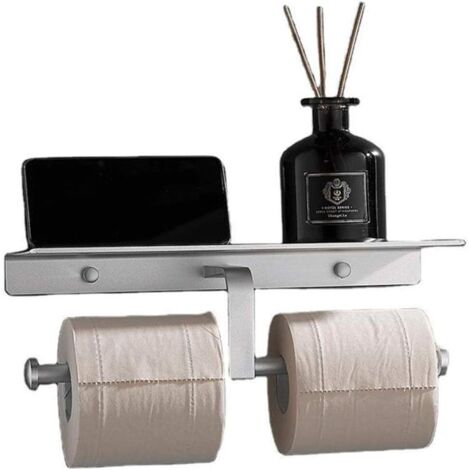 Toilet Roll Holder Double Toilet Paper Holder Space Aluminum Self Adhesive Tissue Paper Roll Holder with Phone Shelf for Bathroom Kitchen (Color : Silver)