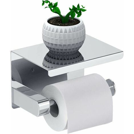 Toilet Roll Holder, No Drilling, Toilet Roll Holder, Paper Dispenser with Shelf, SUS 304 Stainless Steel, Self Adhesive Glue and Bathroom Wall (Silver)