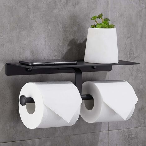 Toilet Roll Holder with Mobile Phone Shelf Double Wall Mount for Bathroom (Black)