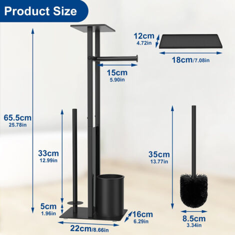 Toilet Roll Holder with Toilet Brush – Freestanding Toilet Roll Holder with Shelf for Wet Wipes, Freestanding Toilet Roll & Brush Holder, Matte Black Toilet Brush with Holder