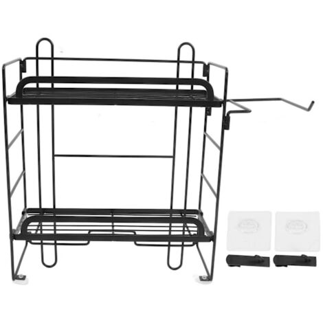 Toilet Storage Shelves Iron Wall Mounted 2 Layer Foldable Grid Home Decor with Hooks Black