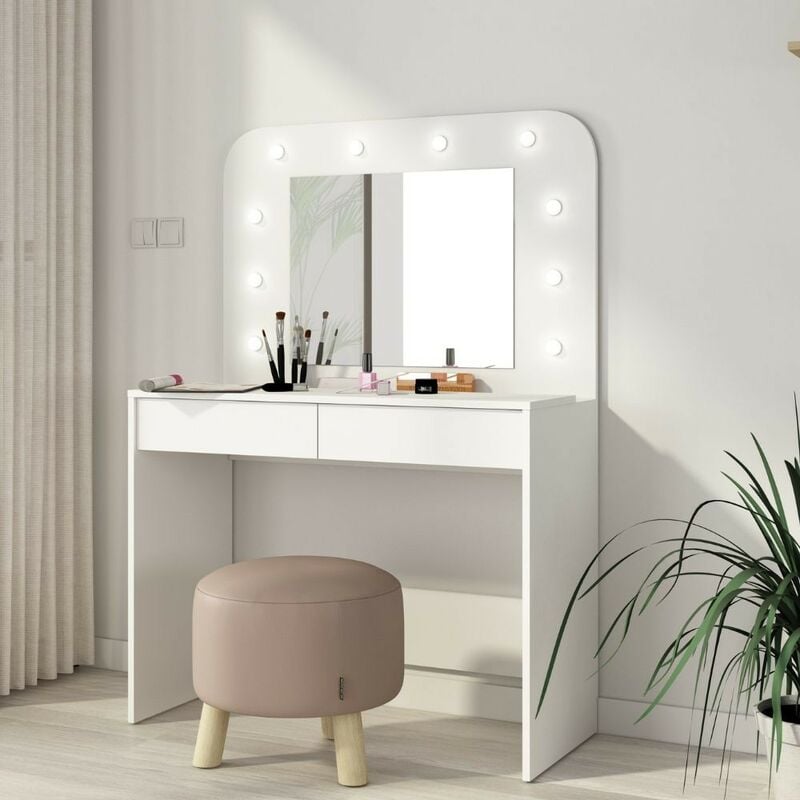 Toscohome - Coiffeuse avec miroir, éclairage et tiroirs blanc 100x142H cm - Diva