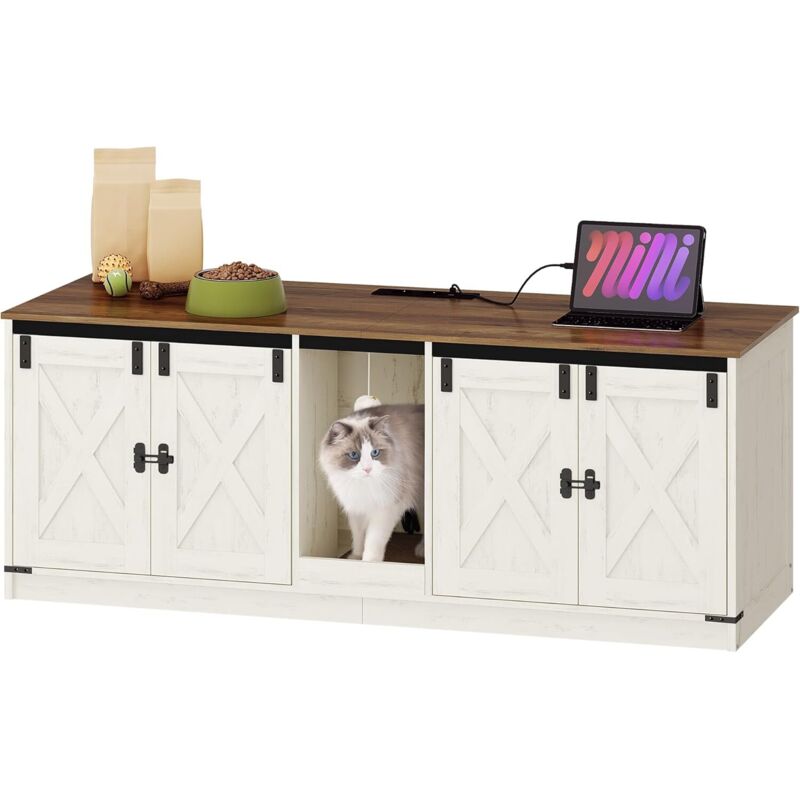 Toilette pour chat avec multiprise 2AC/2USB – Chambre double pour 2 chats – Design rustique avec tapis de grattage – Dimensions 140x50x53,5cm