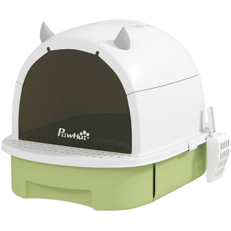 Toilette chat fermée avec poignée transport porte translucide 40,5 x 52 x 39 cm vert