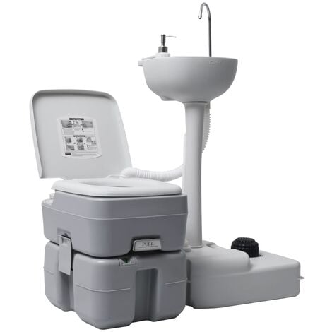 Toilette de camping | Toilette Portable WC Chimique et support à laver les mains Gris 63054