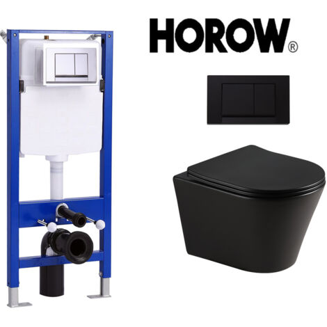 Toilette murale noire sans cadre avec réservoir caché et plaque de poussée chromée noire, ensemble complet WC en céramique noir mat, WC mural, WC avec chasse d'eau rotative