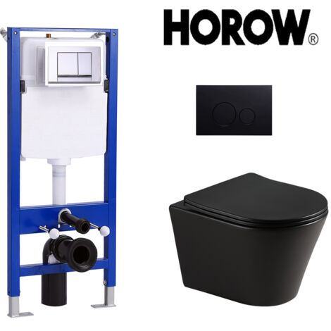 Toilette murale noire sans cadre avec réservoir caché et plaque de poussée chromée noire, ensemble complet WC en céramique noir mat, WC mural, WC avec chasse d'eau rotative