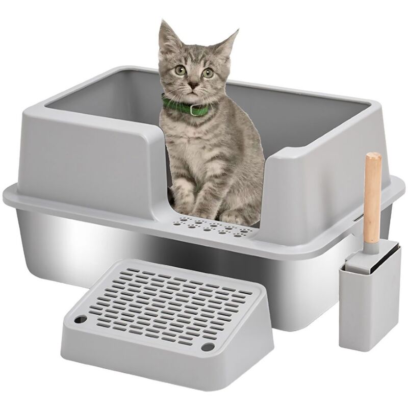 Toilette pour chat xl en inox avec pelle, toilette pour chat semi-fermée, étanche et facile à nettoyer - gris
