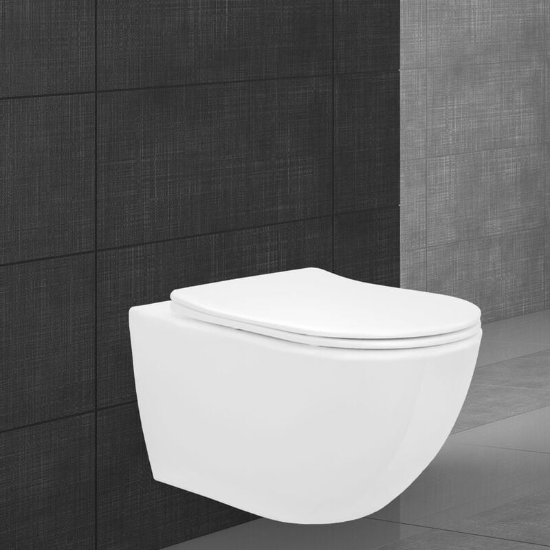 ECD Germany Toilette Suspendu sans Rebord, Blanc Mat, avec Siège WC Amovible en Duroplast, Softclose Abaissement Automatique, Chasse d'eau Profonde