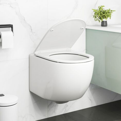 Toilette Suspendue Cuvette Céramique Murale & Siège de Toilette avec Système à Double Chasse Mécanisme à Fermeture Douce Blanc