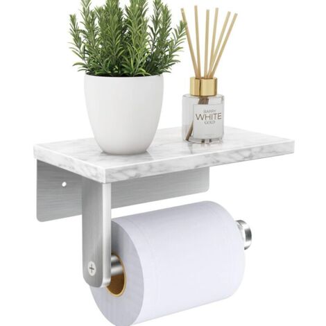 Toilettenpapierhalter aus gebürstetem Nickel mit Ablage aus Naturmarmor, zur Wandmontage mit Schraubgewinde, Halter für Toilettenpapierrollen für Badezimmer und Toilette