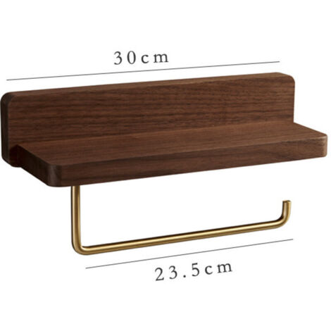 Toilettenpapierhalter aus Holz mit Ablage, Wand-Toilettenpapierhalter (selbstklebend oder zum Bohren), Doppel-Toilettenpapierhalter mit hochwertigen Messinghaken für Küche und Bad