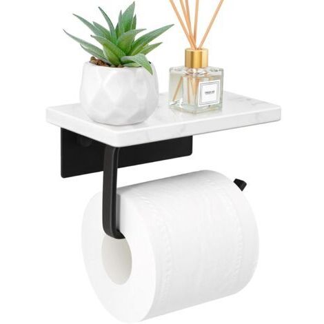 Toilettenpapierhalter aus Marmor mit Ablage, mattschwarzer Toilettenpapierhalter, Wandmontage zum Anschrauben, Toilettenpapierhalter aus Edelstahl mit Stauraum fürs Badezimmer