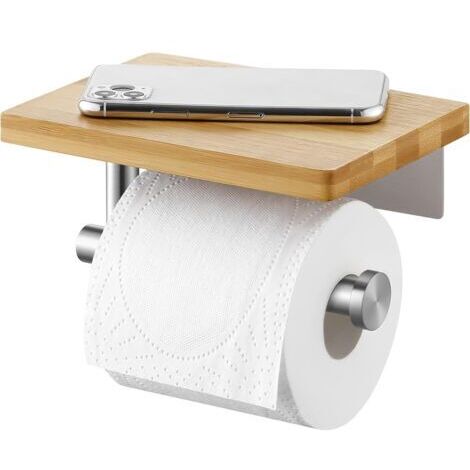 Toilettenpapierhalter (gebürstet) mit Bambusablage, Wandmontage, Toilettenpapierhalter für Badezimmer, Edelstahl