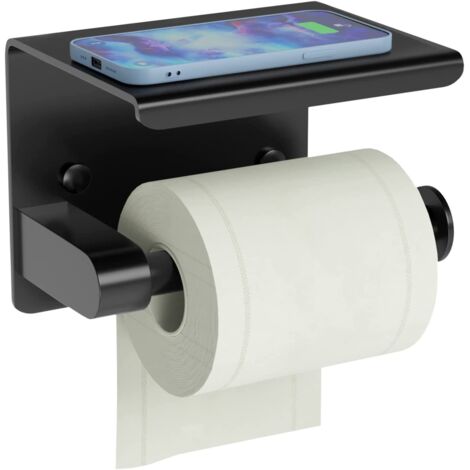 Toilettenpapierhalter mit Ablagen, Edelstahl 18/8, selbstklebend oder zur Schraubmontage, Wandmontage für Badezimmer – Mattschwarz
