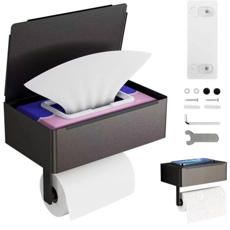 Toilettenpapierhalter Schwarz, Klopapierhalter Ohne Bohren mit Feuchttücherbox Klorollenhalter, Toilettenpapierhalter mit Ablage für Badezimmer, Selbstklebend or Bohren (Matte Black)