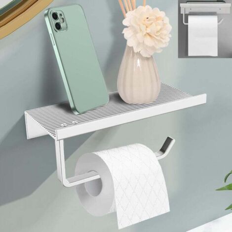 Toilettenpapierhalter, Wandmontage, Toilettenpapierhalter ohne Bohren, Toilettenpapierhalter aus Aluminium mit geräumigen Ablagen, selbstklebender Kleber und Wandmontage für Badezimmer (Silberfarbe)
