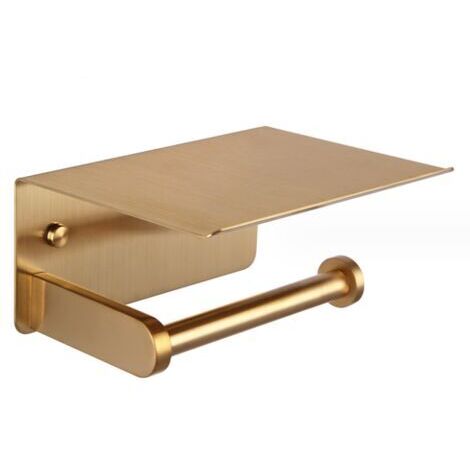 Toilettenpapierhalter, Wandmontierter Toilettenpapierhalter mit Ablage, Selbstklebend ， Aluminium (Golden)