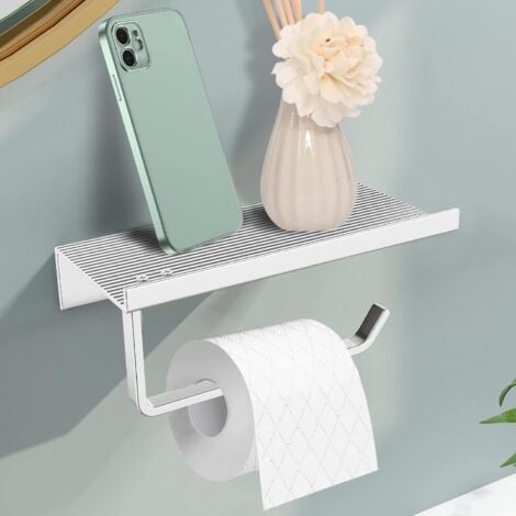 Toilettenpapierhalter zur Wandmontage ohne Bohren, Toilettenpapierhalter aus Aluminium mit geräumigen Ablagen (Silberfarbe)