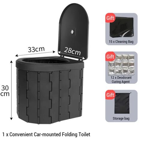 Toilettes extérieures (noires) pour le camping. Toilettes pliables et pratiques à fixer en voiture pour les voyages. Convient aux adultes, aux enfants et aux personnes âgées. Anti-odeurs et antidérapa