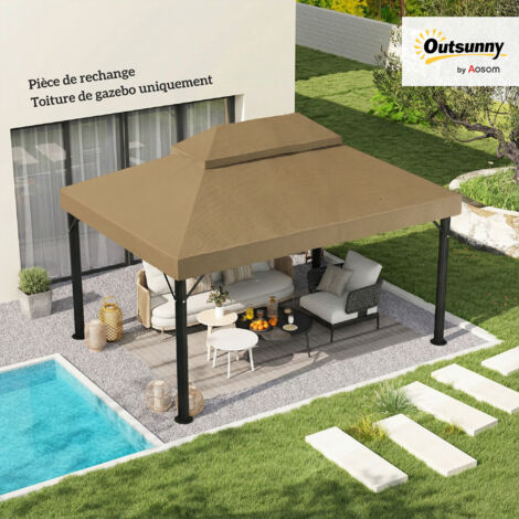 Toit de rechange pour tonnelle 4x3m, double toit, polyester 370g/m², trous de drainage, beige