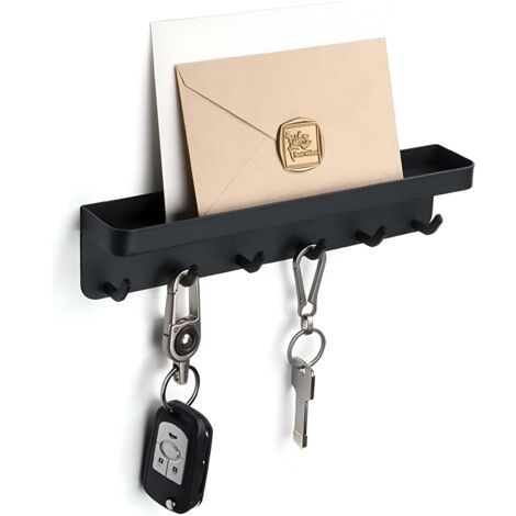 TOJ Living Porte-clés mural 6 crochets – Organiseur de courrier – Auto-adhésif – Acier inoxydable – 25 cm – noir mat