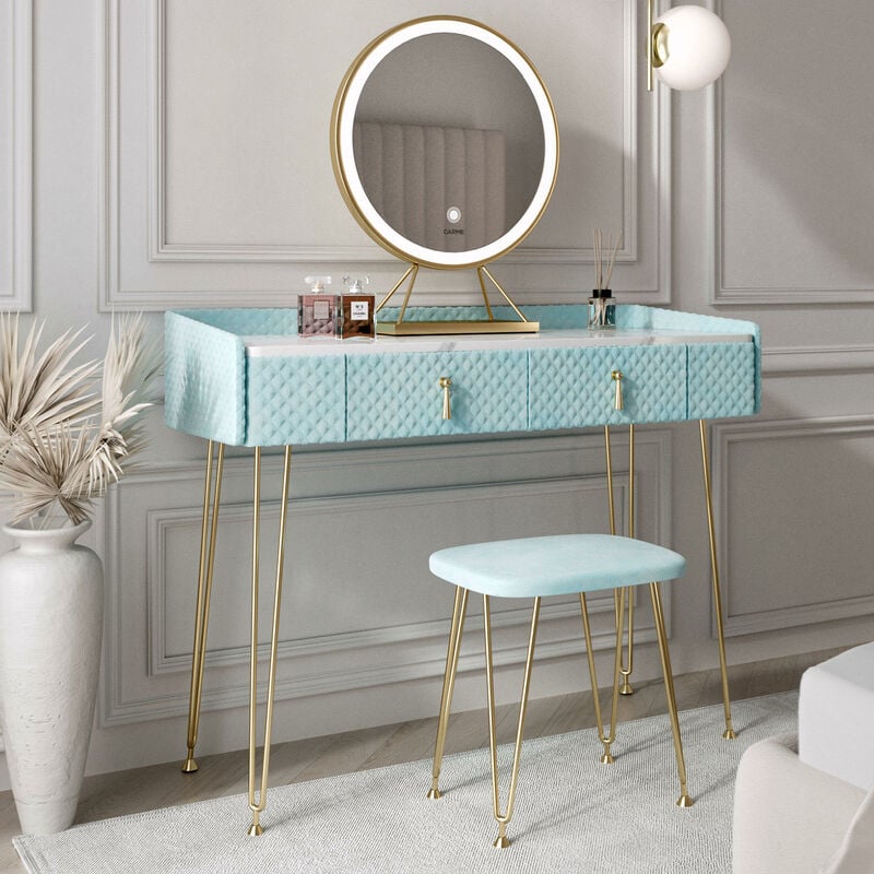 Carme Home - Tokyo Glow Baby Blue Velvet Dressing Table with LED Touch Sensor Mirror