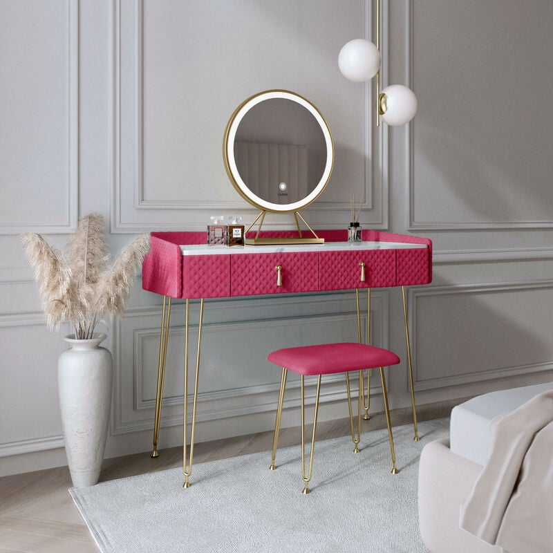 Carme Home - Tokyo Glow Sexy Raspberry Velvet Dressing Table with LED Touch Sensor Mirror
