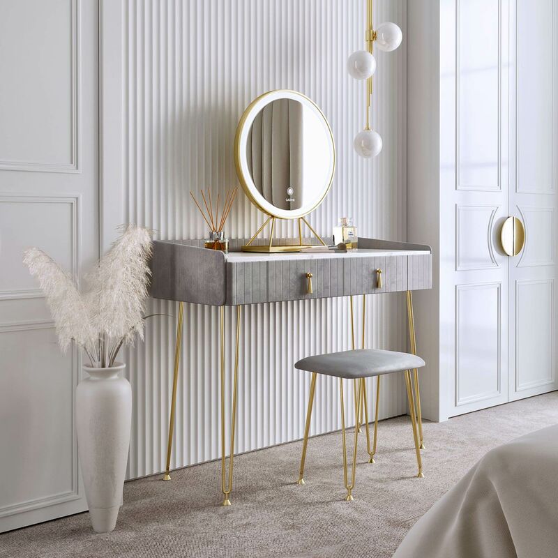 Carme Home - Tokyo Glow Velvet Dressing Table with LED Touch Sensor Mirror in Dove Grey