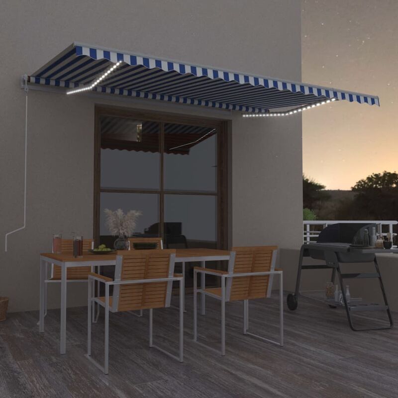 

Toldo automático LED sensor de viento azul y blanco 500x350 cm