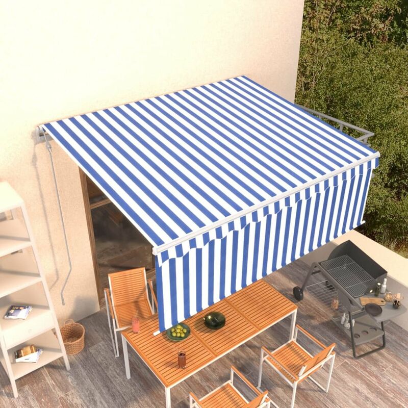 

Toldo automatico retractil con persiana azul y blanco 4x3m