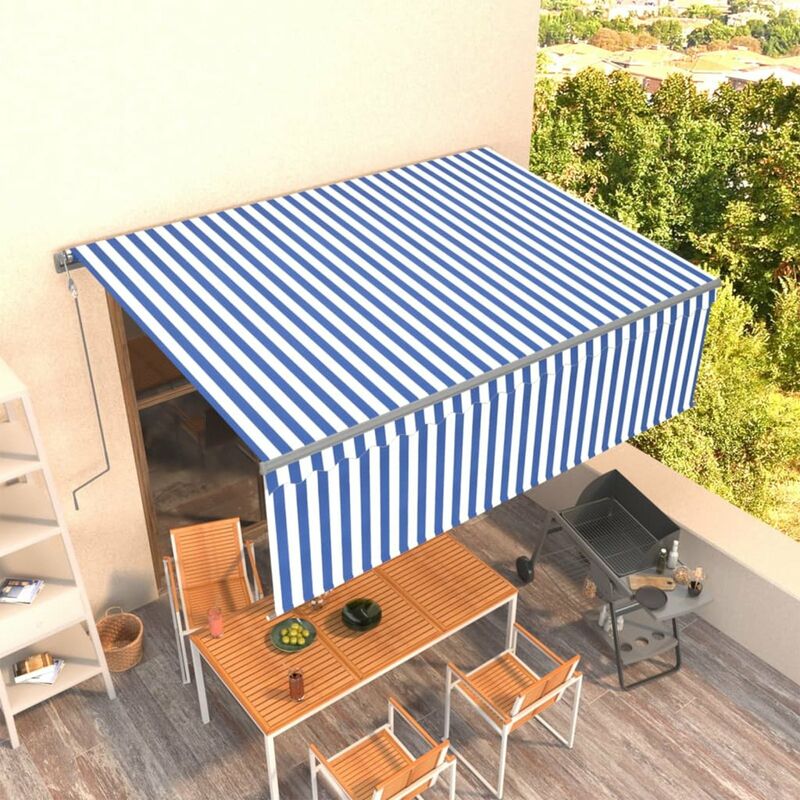 

Toldo automatico retractil con persiana azul y blanco 4x3m