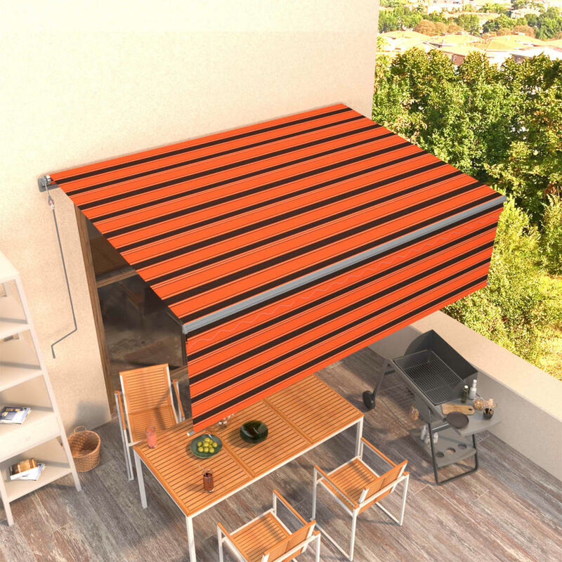 

Toldo automático retráctil con persiana naranja y marrón 4x3m