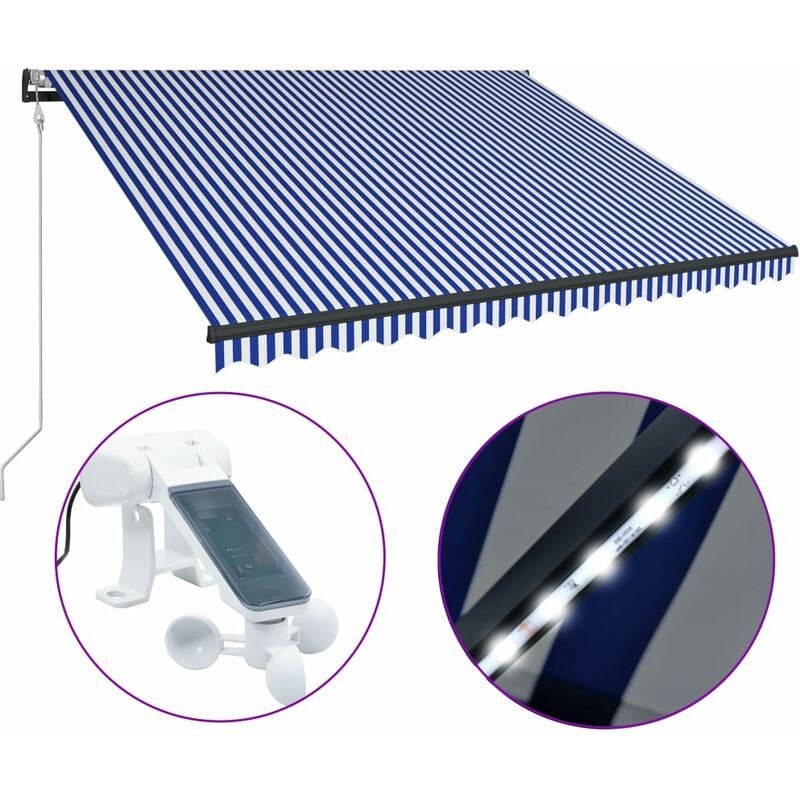 

Toldo con LED y sensor de viento azul y blanco 450x300 cm - Azul - Vidaxl