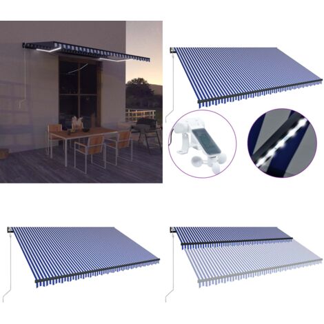 Toldo con LED y sensor de viento azul y blanco 500x300 cm - Toldo con sensor de viento - Toldo con luces LED