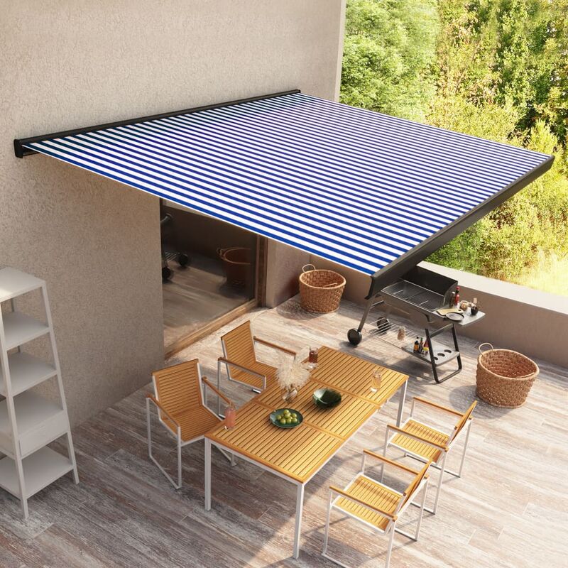 

Toldo de carrete motorizado azul y blanco 300x250 cm