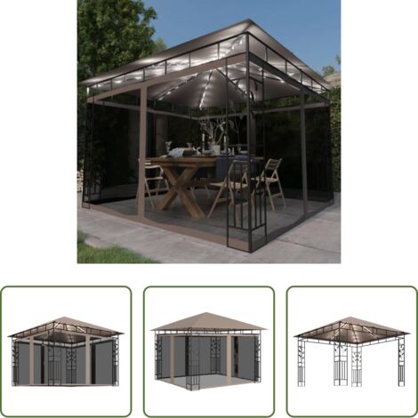 Toldo de jardín -  Cenador mosquitera y tira de luz LED taupé 3x3x2,73m 180 g/m²
