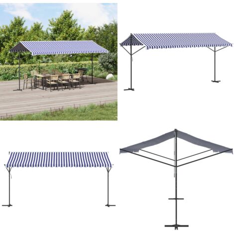 Toldo de pie tela y acero azul y blanco 500x300 cm - Toldo de terraza - Toldo retráctil