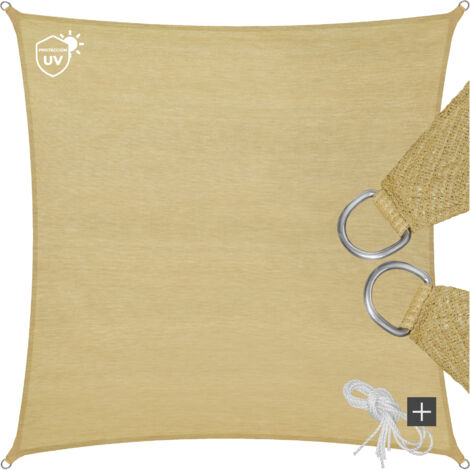 Toldo de polietileno con forma cuadrada, beige - toldo cuadrangular con cuerdas tensoras, parasol para sombra en jardín con anillas de acero, lona para terraza lavable transpirable - 400 x 400 cm