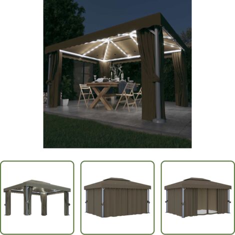 Toldo exterior -  Cenador con cortina y tira de luces LED aluminio taupé 4x3 m