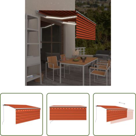 Toldo exterior - Toldo retráctil manual con persiana y LED naranja/marrón 3x2,5m
