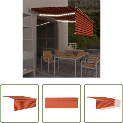 Toldo exterior - Toldo retráctil manual con persiana y LED naranja/marrón 4,5x3m