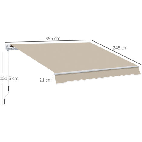 Toldo Manual 395x245 cm con Manivela Toldo Balcón Patio Terraza de Aluminio y Tejido Poliéster 280 g/m² Anti-UV Beige