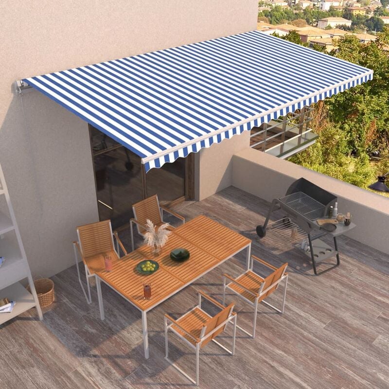 

Toldo manual retráctil azul y blanco 600x350 cm